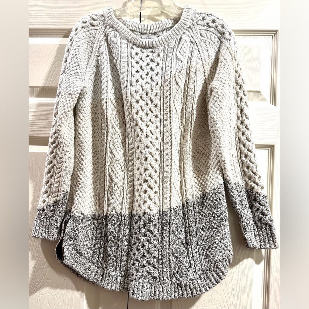 Vtg LL Bean Sweater Sz L Cream/Gray Fisherman Cable Knit Side Zip Heavyweight
